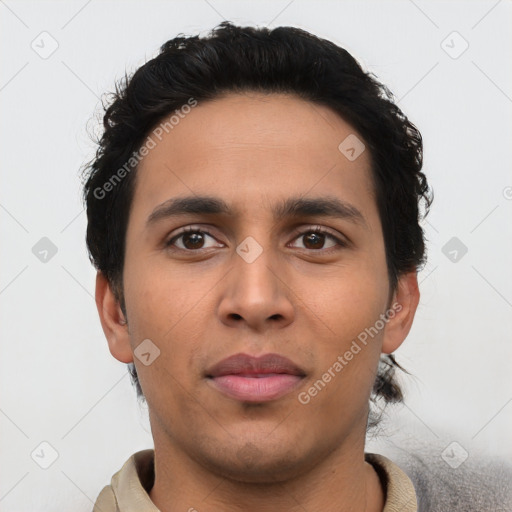 Neutral latino young-adult male with short  black hair and brown eyes