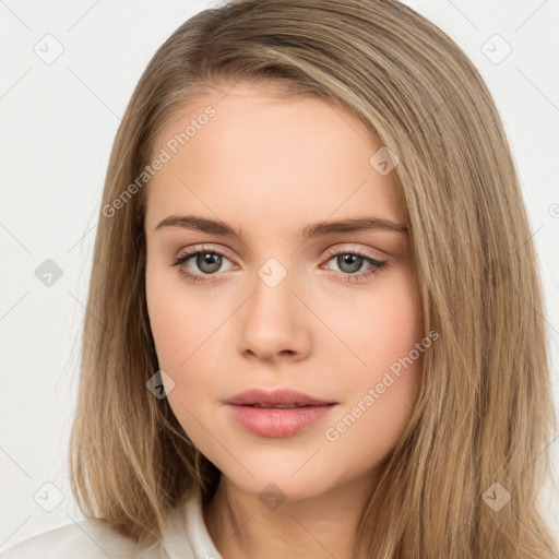 Neutral white young-adult female with long  brown hair and brown eyes