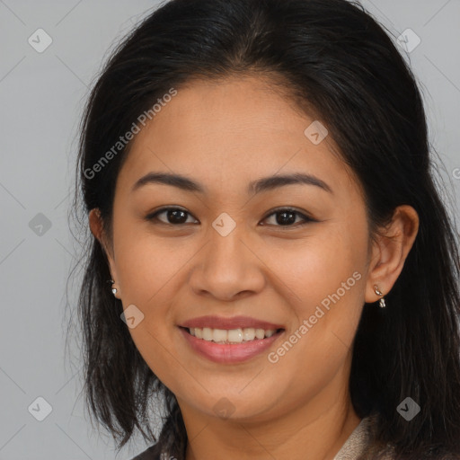 Joyful white young-adult female with long  brown hair and brown eyes