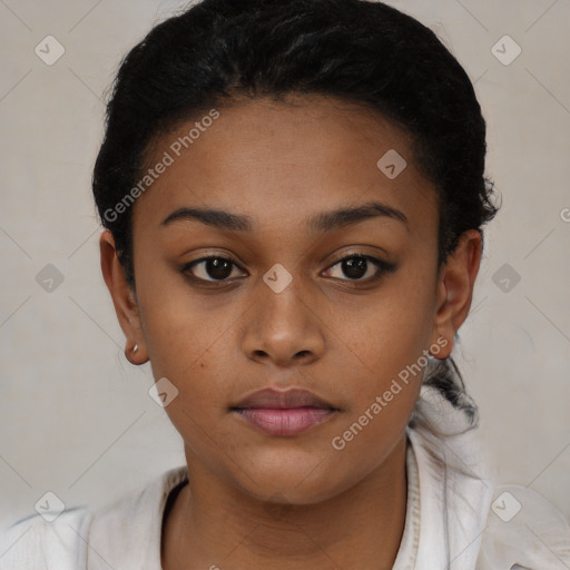 Neutral black young-adult female with short  brown hair and brown eyes