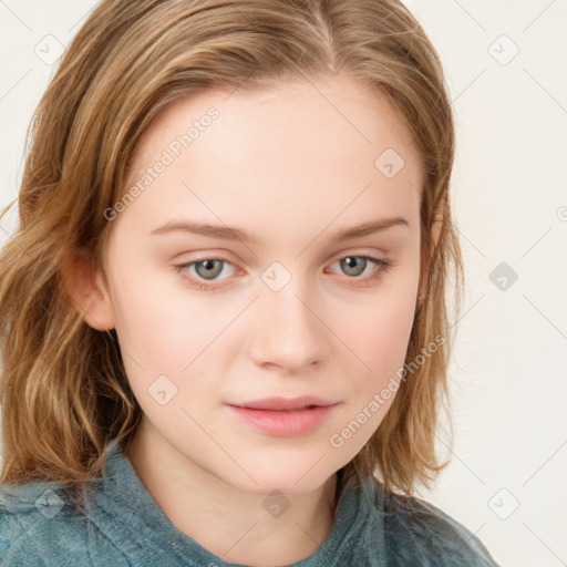 Neutral white young-adult female with medium  brown hair and grey eyes