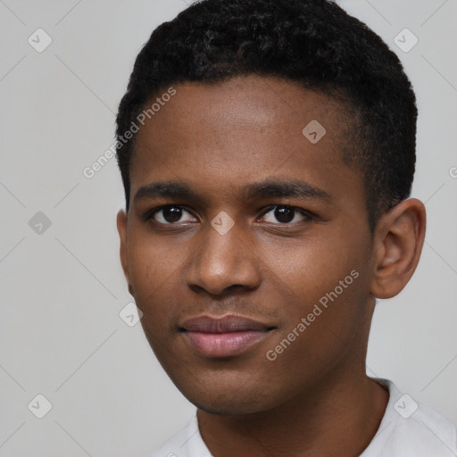 Joyful latino young-adult male with short  brown hair and brown eyes