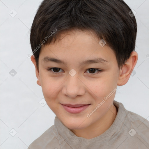 Joyful white child female with short  brown hair and brown eyes