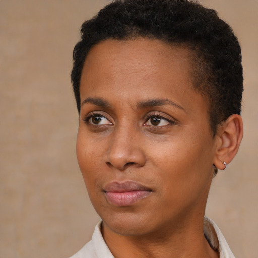 Neutral black young-adult female with short  brown hair and brown eyes