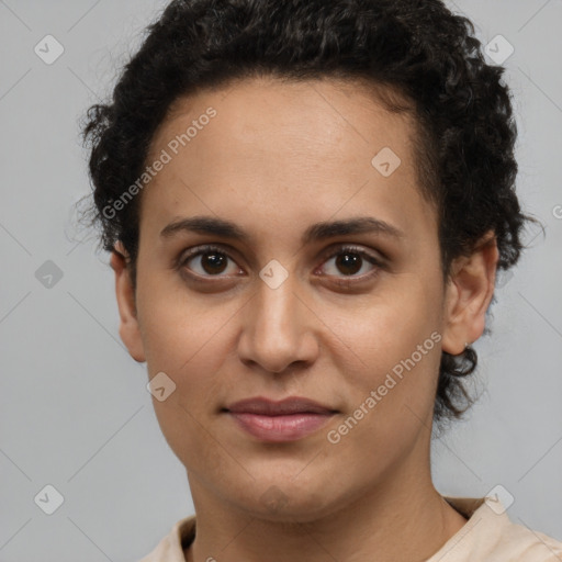 Joyful latino young-adult female with short  brown hair and brown eyes