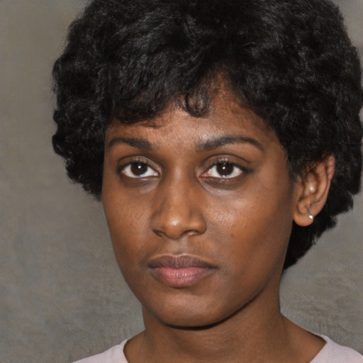 Neutral black young-adult female with short  black hair and brown eyes