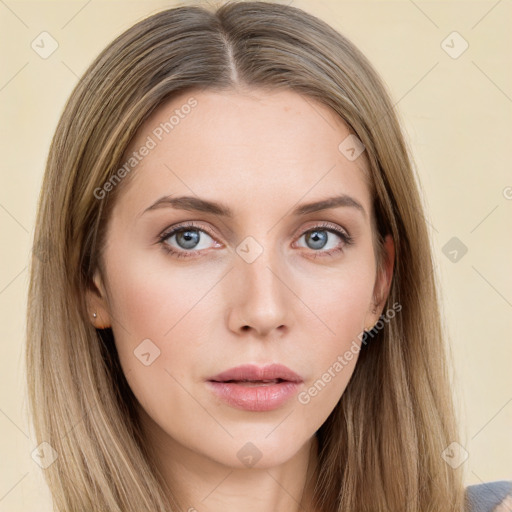 Neutral white young-adult female with long  brown hair and grey eyes