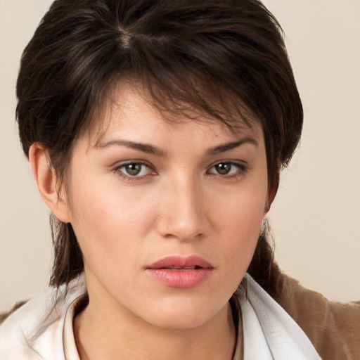 Neutral white young-adult female with medium  brown hair and brown eyes