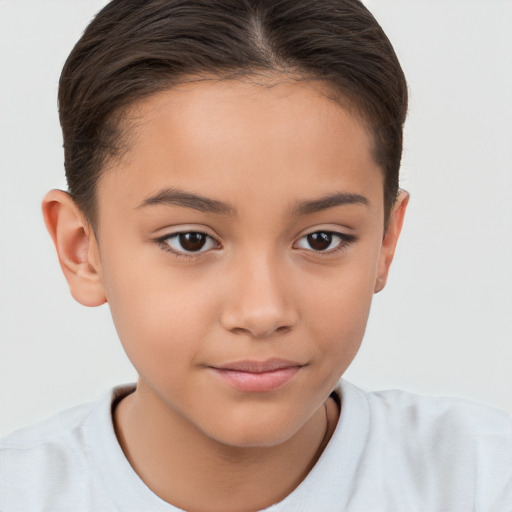 Joyful white child female with short  brown hair and brown eyes