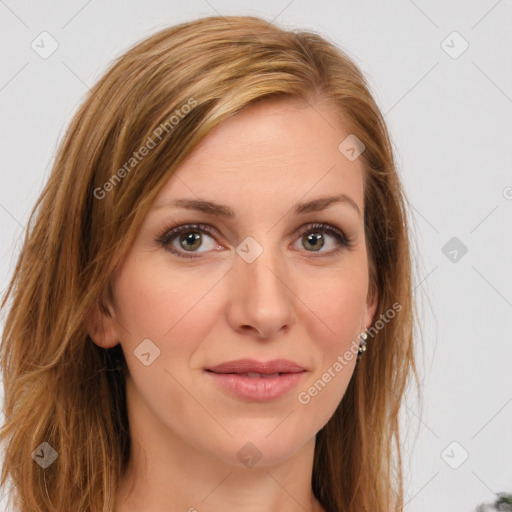 Joyful white young-adult female with long  brown hair and green eyes