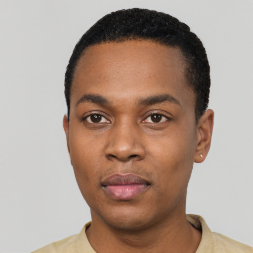 Neutral black young-adult male with short  black hair and brown eyes