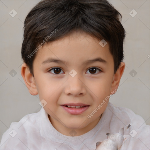 Joyful white child female with short  brown hair and brown eyes