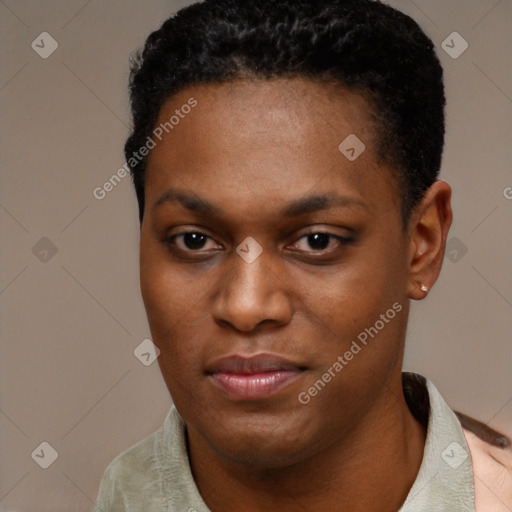 Joyful black young-adult female with short  black hair and brown eyes