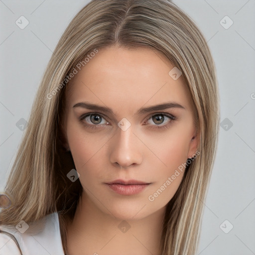 Neutral white young-adult female with long  brown hair and brown eyes