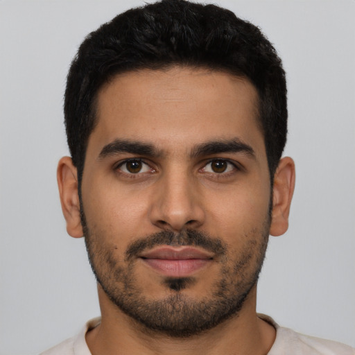 Neutral latino young-adult male with short  black hair and brown eyes