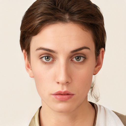 Neutral white young-adult female with short  brown hair and grey eyes