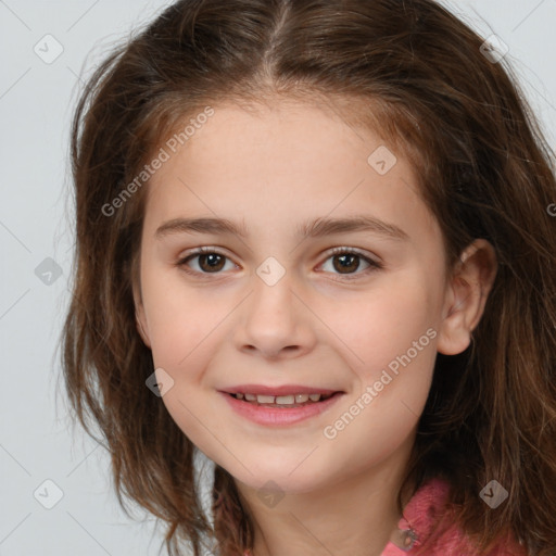 Joyful white child female with medium  brown hair and brown eyes