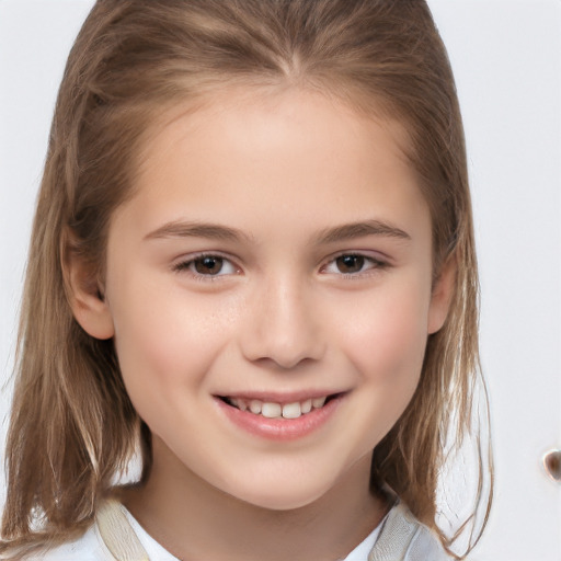 Joyful white child female with medium  brown hair and brown eyes