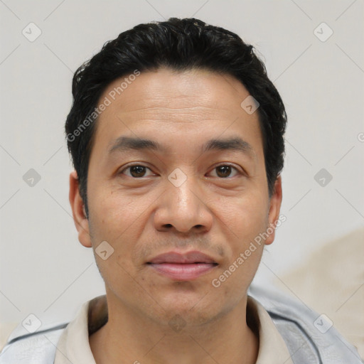 Joyful asian young-adult male with short  black hair and brown eyes