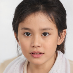 Joyful white child female with medium  brown hair and brown eyes