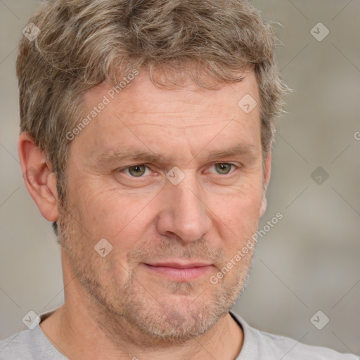 Neutral white middle-aged male with short  brown hair and brown eyes