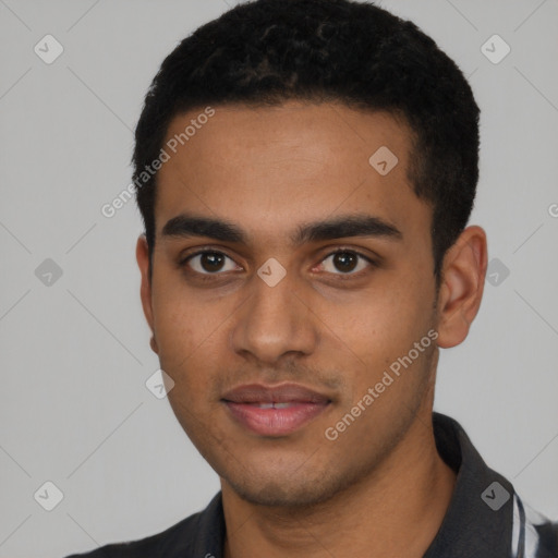 Neutral latino young-adult male with short  black hair and brown eyes