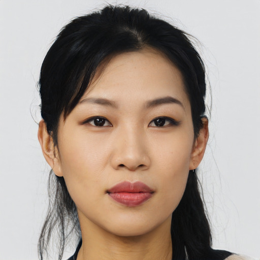 Neutral asian young-adult female with medium  black hair and brown eyes