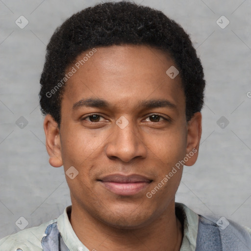 Joyful latino young-adult male with short  brown hair and brown eyes