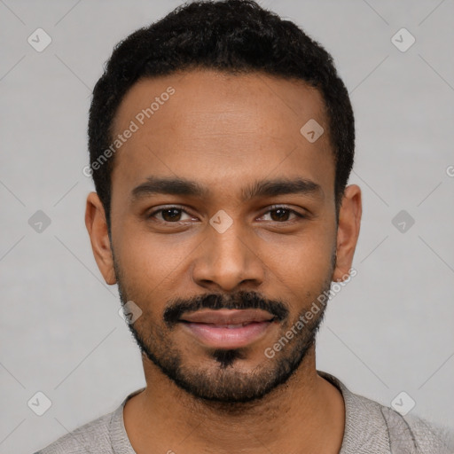 Neutral black young-adult male with short  black hair and brown eyes