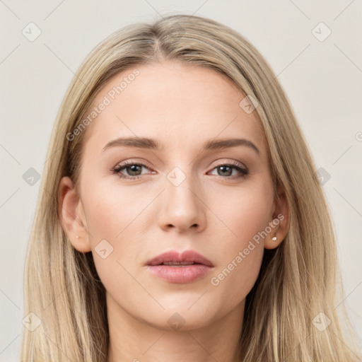 Neutral white young-adult female with long  brown hair and brown eyes