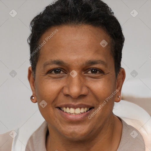 Joyful latino adult male with short  brown hair and brown eyes