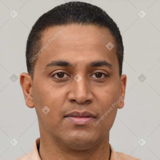 Neutral latino young-adult male with short  black hair and brown eyes