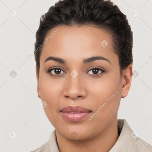 Joyful latino young-adult female with short  brown hair and brown eyes