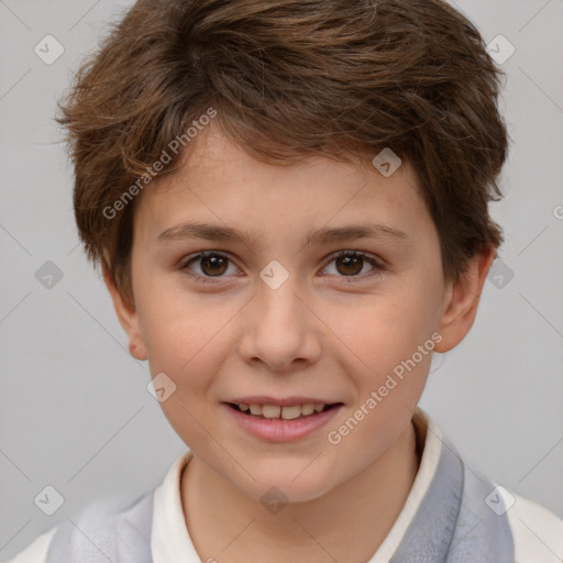 Joyful white child female with short  brown hair and brown eyes