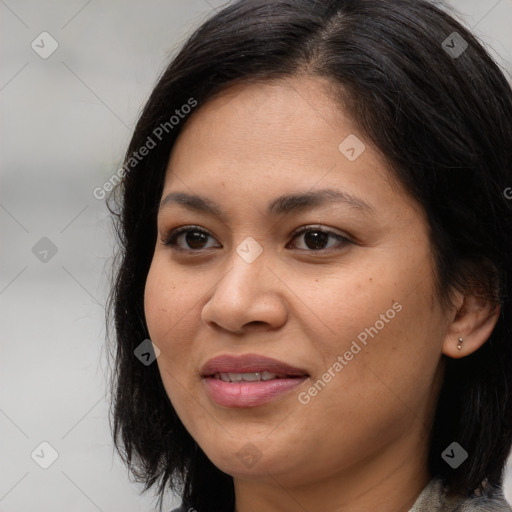 Joyful white young-adult female with medium  brown hair and brown eyes