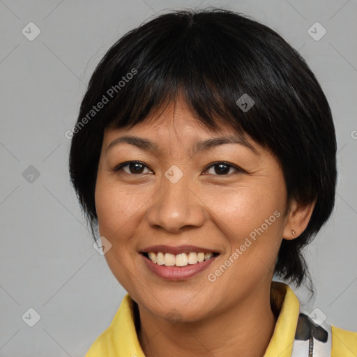 Joyful asian adult female with medium  brown hair and brown eyes