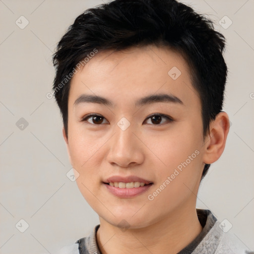 Joyful white young-adult female with short  black hair and brown eyes