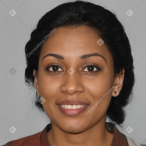 Joyful black young-adult female with medium  black hair and brown eyes