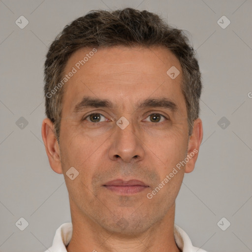 Neutral white adult male with short  brown hair and brown eyes