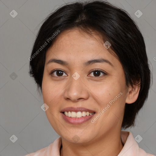 Joyful white young-adult female with medium  brown hair and brown eyes