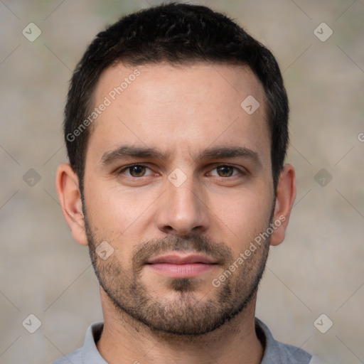 Neutral white young-adult male with short  brown hair and brown eyes