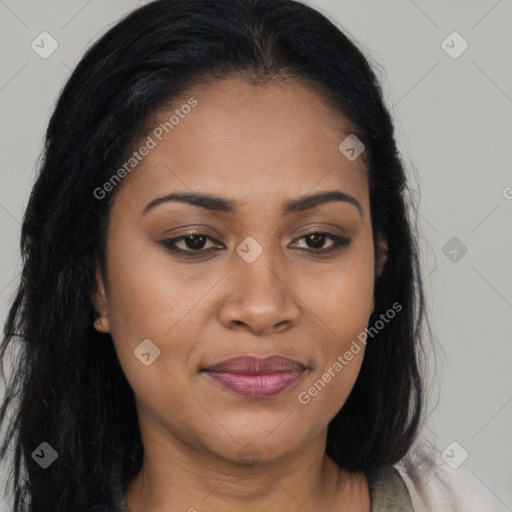 Joyful asian young-adult female with long  brown hair and brown eyes