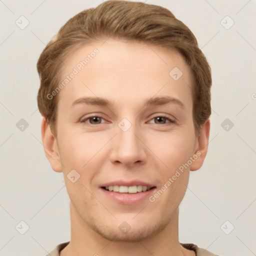 Joyful white young-adult female with short  brown hair and grey eyes