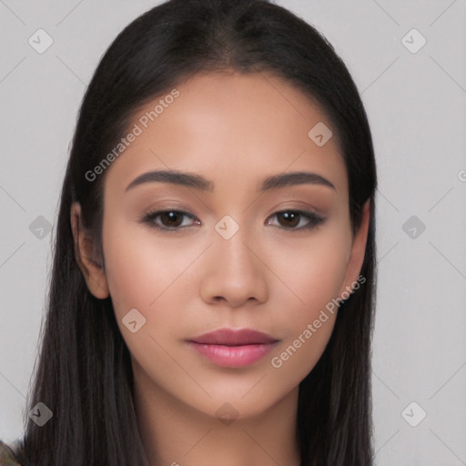 Neutral latino young-adult female with long  black hair and brown eyes