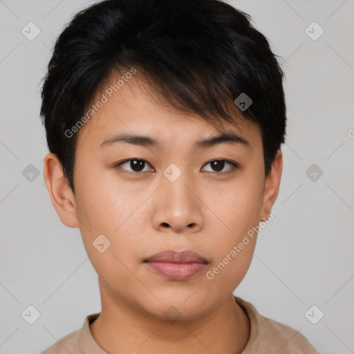 Neutral asian young-adult female with short  brown hair and brown eyes