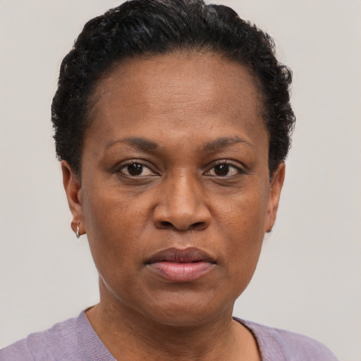 Joyful black adult female with short  brown hair and brown eyes