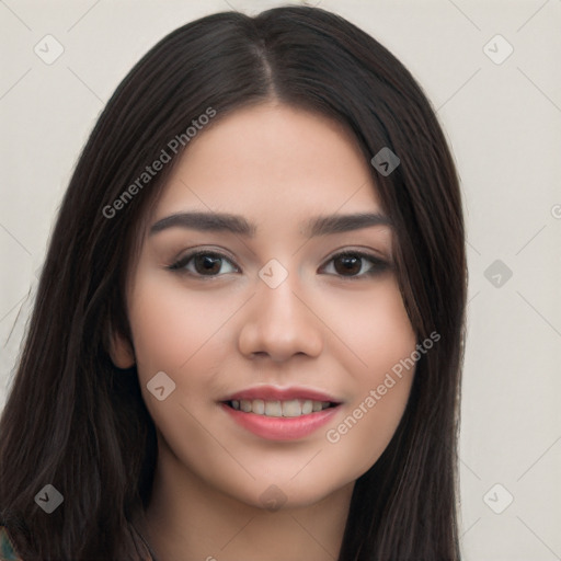 Joyful white young-adult female with long  black hair and brown eyes