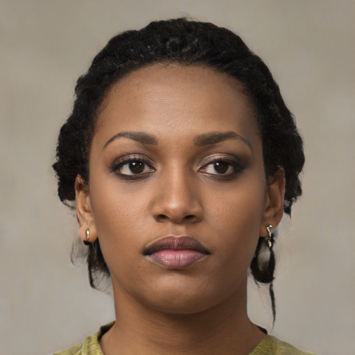 Neutral black young-adult female with short  black hair and brown eyes