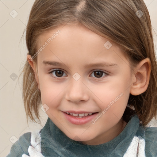 Joyful white child female with medium  brown hair and brown eyes