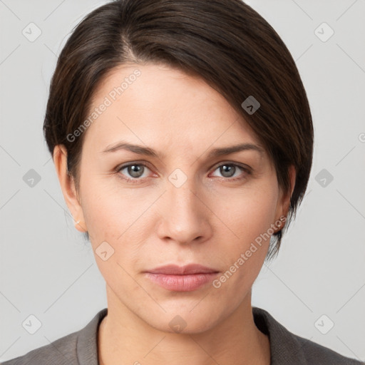 Neutral white young-adult female with short  brown hair and brown eyes